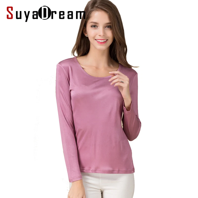 SuyaDream Women T shirt Natural Silk Long sleeves O neck Basic shirt 2021 FALL new white black Bottoming Top