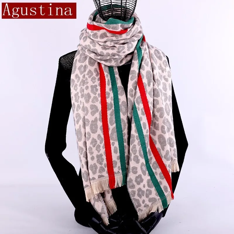 cashmere scarf Red green stripes Winter Leopard print women Fashion shawl tassel scarves luxury brand warm hijab cape pashimina