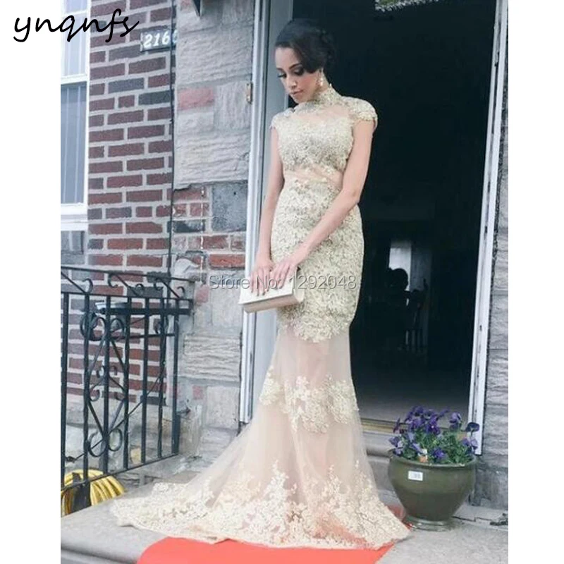 YNQNFS P44 Beaded High Neck Cap Sleeve Champagne Lace Mermaid Dress Evening Party 2024 Sexy See Through Prom Dresses