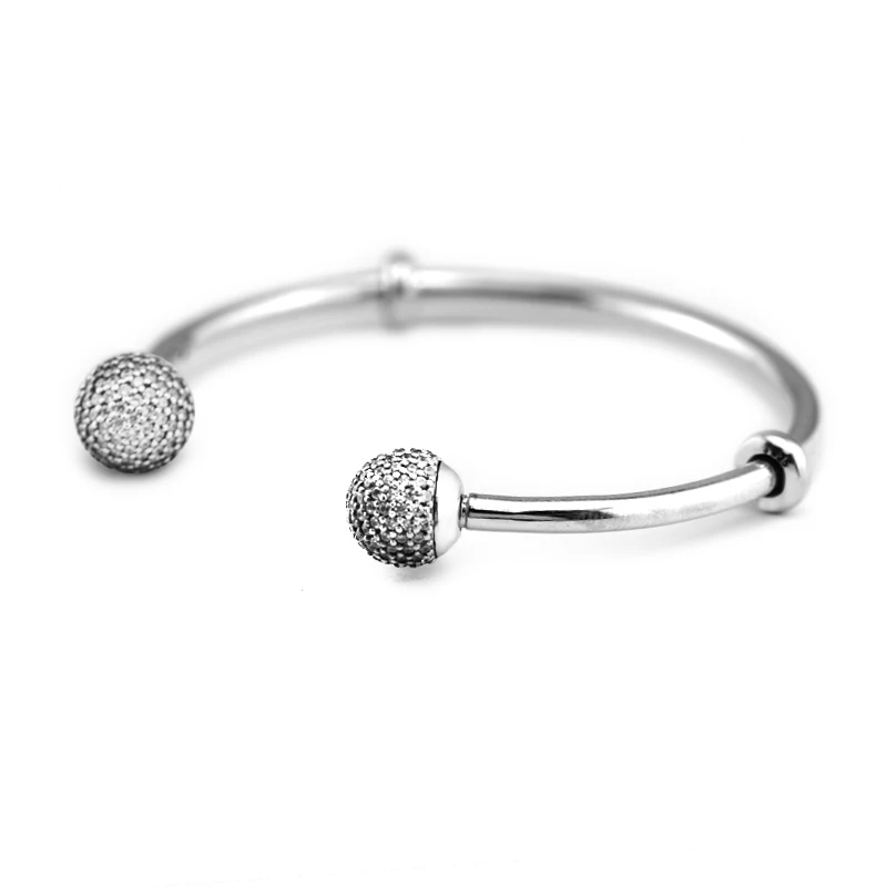 

Genuine 925 Sterling Silver Jewelry Open Bangle with Clear CZ Caps for Women DIY Making Fits Beads Charms Pulseras Wholesale