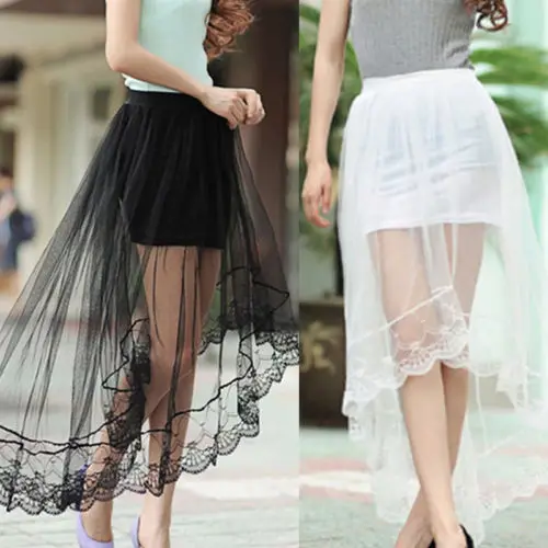 Hirigin New Fashion Women Lolita Style A Line Casual Mesh Skirt Solid Long Irregular Jersey Maxi Dress Ladies Lace Skirt