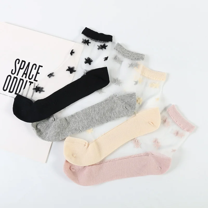 DONG AI 4 pairs cute star women fashion transparent socks summer girl fancy crystal silk cool colorful design 4 pairs