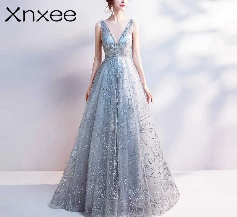 

Xnxee Light Gray V-Neck Luxury Dresses Bling Sequined Floor Length Famous Designer Party Formal Dress Xnxee