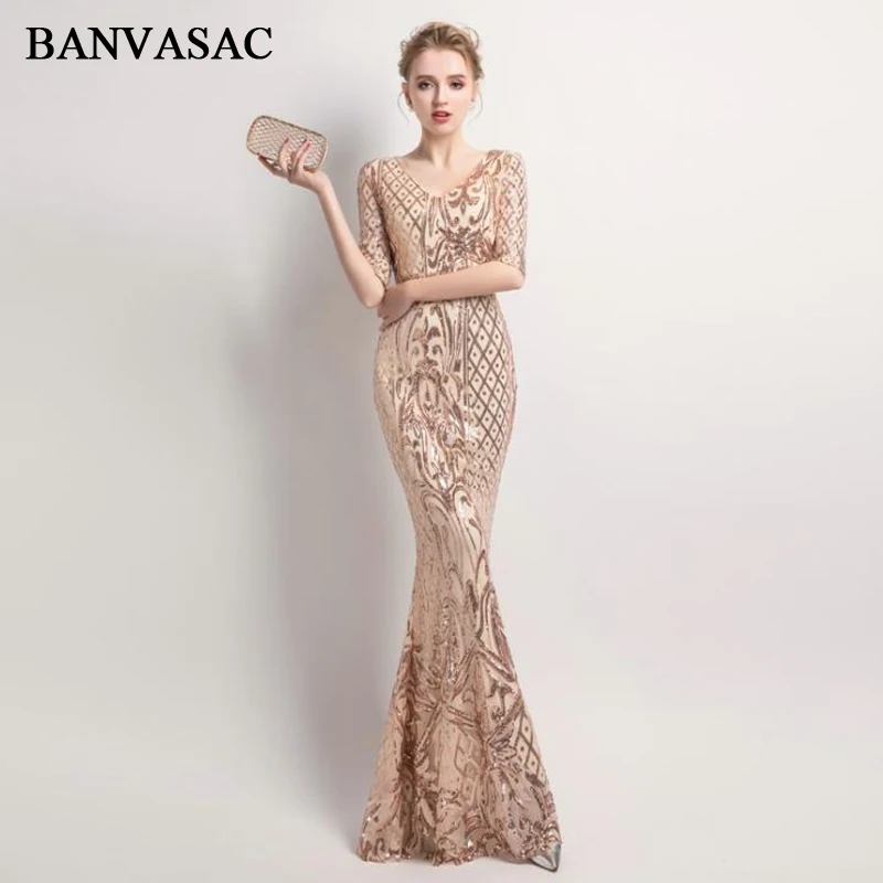 

BANVASAC 2019 V Neck Sequined Mermaid Long Evening Dresses Elegant Party Half Sleeve Zipper Back Prom Gowns