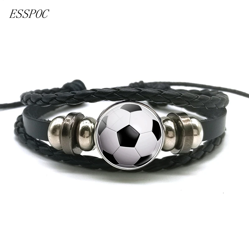 Soccer Basketball Volleyball Glass Alloy Button Bracelet Punk Multilayer Braided Leather Bracelet Football Sport Lover Gift