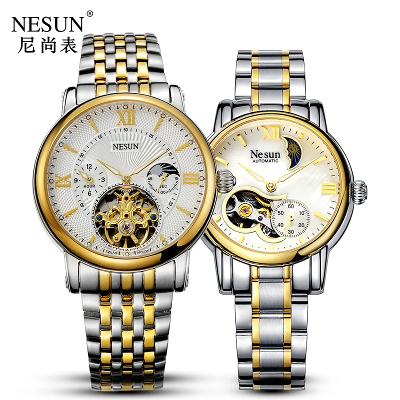 New Switzerland NESUN Luxury Brand Automatic Mechanical Men & Women Watches Sapphire Skeleton Moon Phase Couple\'s Clock N9091-L