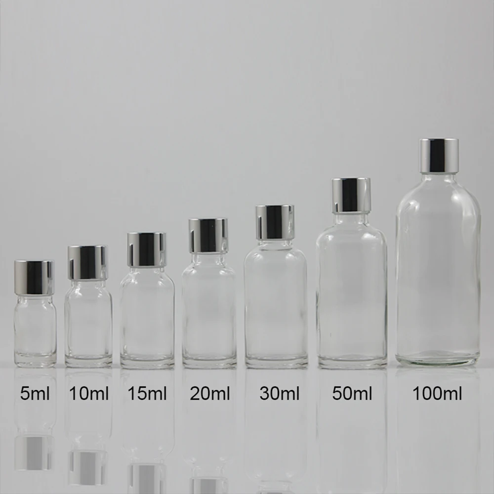 

Travel glass aromatherapy essential oil bottle 10ml, Clear glass bottle with silver lids for toner