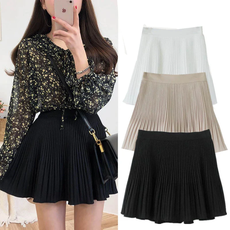 Summer Mini Skirts Women Fashion Preppy Style Girls Cute Sweet A Line Skirt Black White Elastic Waist High Pleated Mini Skirt