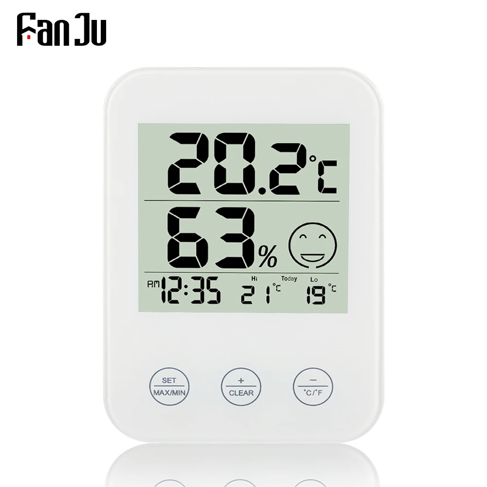 FanJu FJ718 Weather Station with Temperature Humidity Meter LCD Comfort display Indoor Thermometer hygrometer Digital Wall Clock