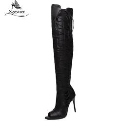 Sgesvier Coscia alta Gladiatore Sandali Sexy Delle Donne di Estate Stivali Scarpe Tacchi Alti Peep Toe Ritagli Sopra gli Stivali al ginocchio Botas g242