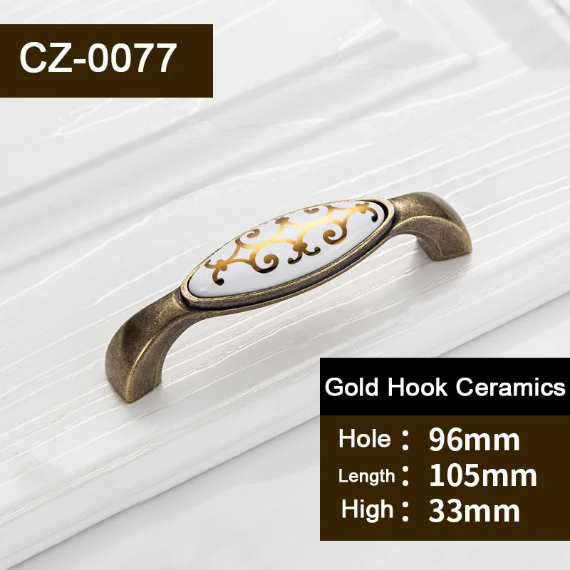 1 pc Antique Golden hook flower Ceramic Door Handles Kitchen Cabinet Handles Metal Furniture Drawer Pulls   CZ-0075