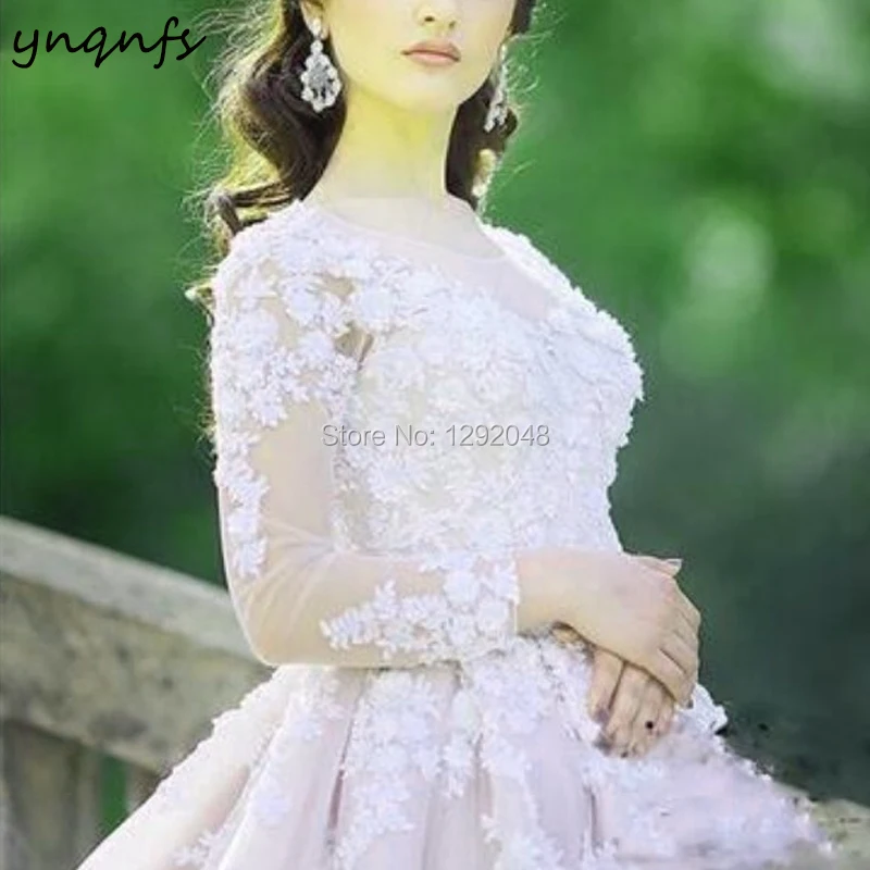 YNQNFS MW37 Luxury Robe de Mariee Ball Gown Illusion Long Sleeve Crystal White and Pink 2024 Muslim Wedding Bridesmaid Dresses