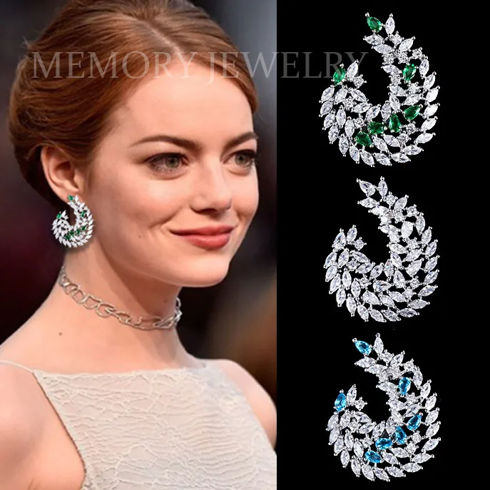 

Famous Luxury Popular C shape Flower Green Stone Earrings Full Pave Cubic Zirconia Women Party Ceremony Jewelry Annual meeting