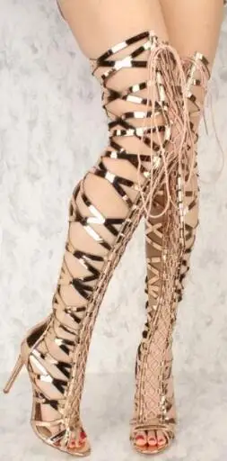 Sexy Lace-up Boots Over the Knee Gladiator Women Sandals Boots Fashion Gold Cross-tie Lady Long Boots Large Size Sandals