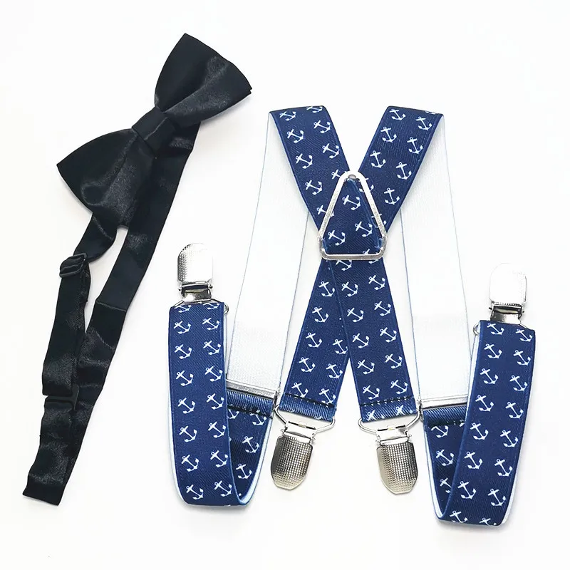 Kids Anchor Print Suspenders Bow Tie Sets Boys Girls X-back suspender Butterfly Neck Tie Set Children Accessories LB020