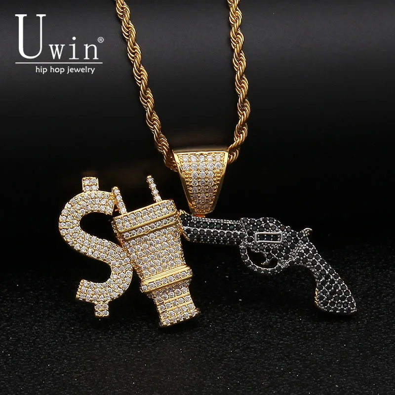 

UWIN S925 US Dollar Plug GUN Pendant AAA CZ Bling Iced Out Micro Paved Charm Necklace Men's Hiphop Jewelry