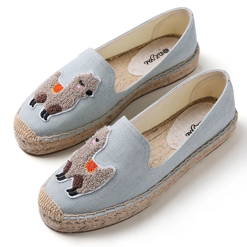 DZYM Summer Cute Kawaii Alpaca Women Flats Embroider Animal Loafers Hemp Flax Platform Fishermen Shoes Canvas Espadrilles