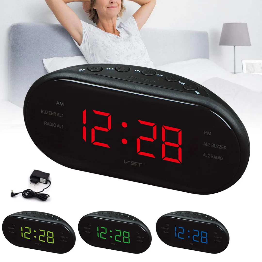 

Newest Digital LED Display Alarm Clock 24 Hours Snooze Desktop Desk Timer FM/AM Radio 4 Color