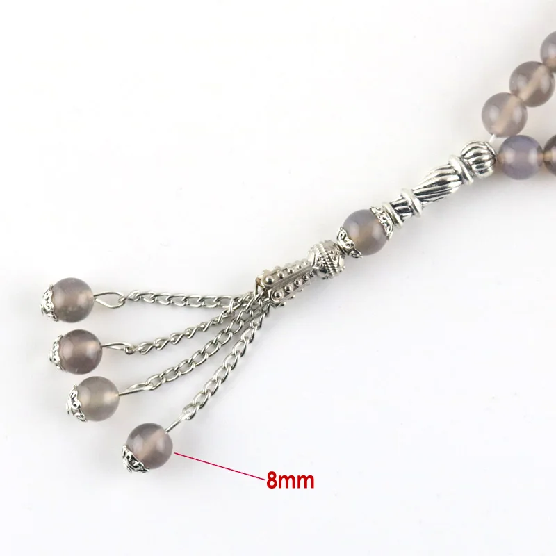 Gray Original Natural Agate Stone Beads Bracelet Islam 33 Rosary  8mm Tasbih Muslim Allah Muhammad Rosary For Men and For Women