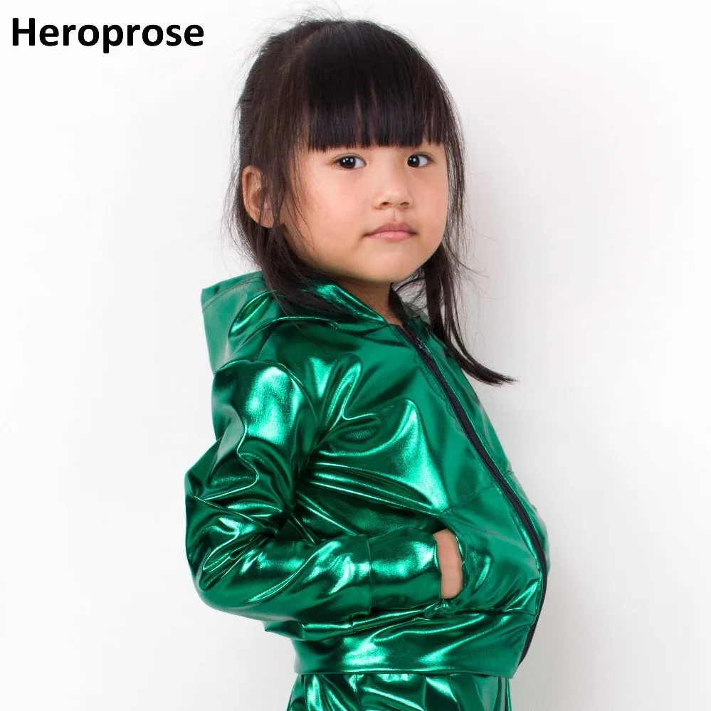 New 2021 Spring Autumn Kids Green With Pockets Bomber Jacket Stage Performance Wear Paillette Feminina Casaco Hip Hop Dance Coat