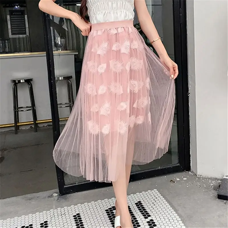 

Tulle Skirts Womens Adult Tulle Skirt Elastic Pleated Midi Skirt New Summer Women Elegant Vintage Lace Mesh Skirts Saias Xnxee