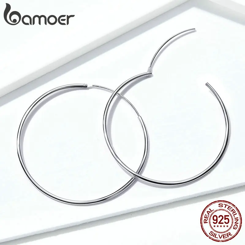 Bamoer 925 Sterling Silver Platinum Plated Classic Big Hoop Earrings for Women Fashion Jewerly Size 30mm 40mm 50mm