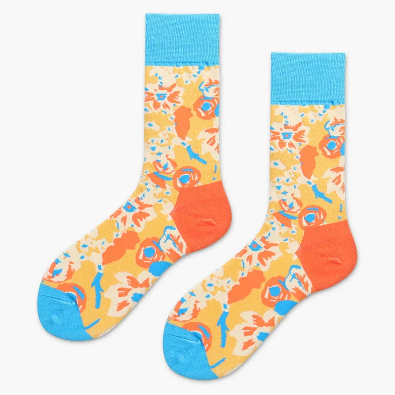 Men Sock Leopard Print Flower Grain Stitching Colorful Happy Funny Skate Harajuku Hip Hop Street Style Casual Cotton Sock Winter
