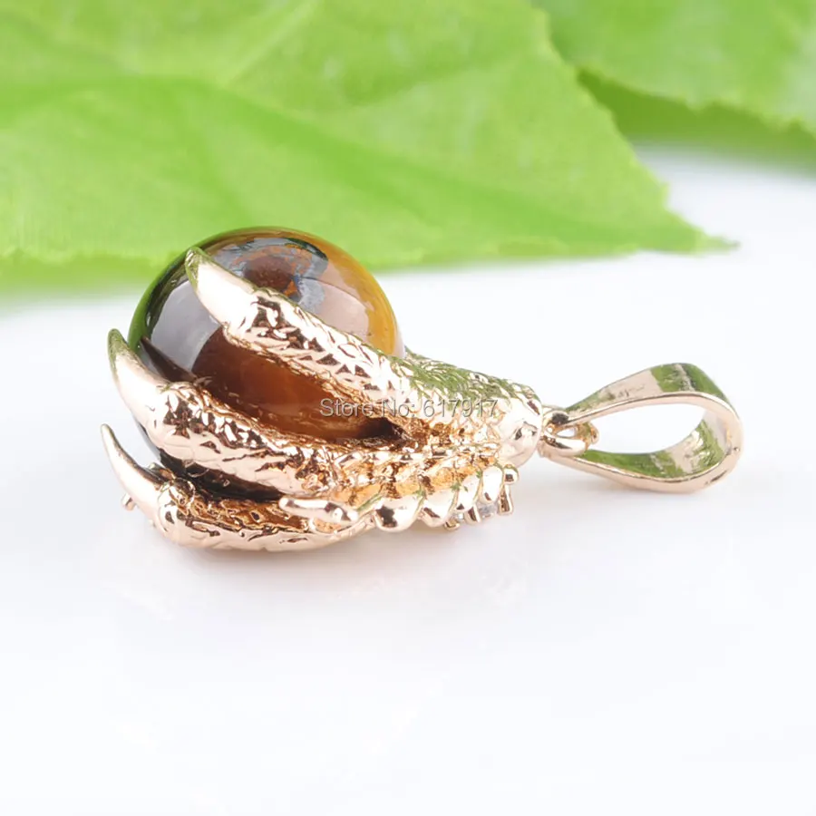 RONGZUAN Natural Tigers Eye Stone Round Ball Bead Dragon Claw Crystal Reiki Chakra Pendulum Pendant Necklace 18