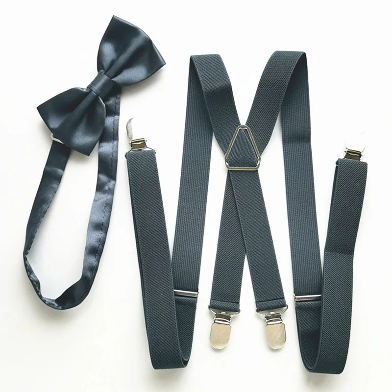 Dark สีเทา Suspenders Bow Tie ชุดผู้ชายผู้หญิงสายคล้องคอ Strong 4 คลิปบนแขวนคอชุดผู้ใหญ่อุปกรณ์เสริม LB002