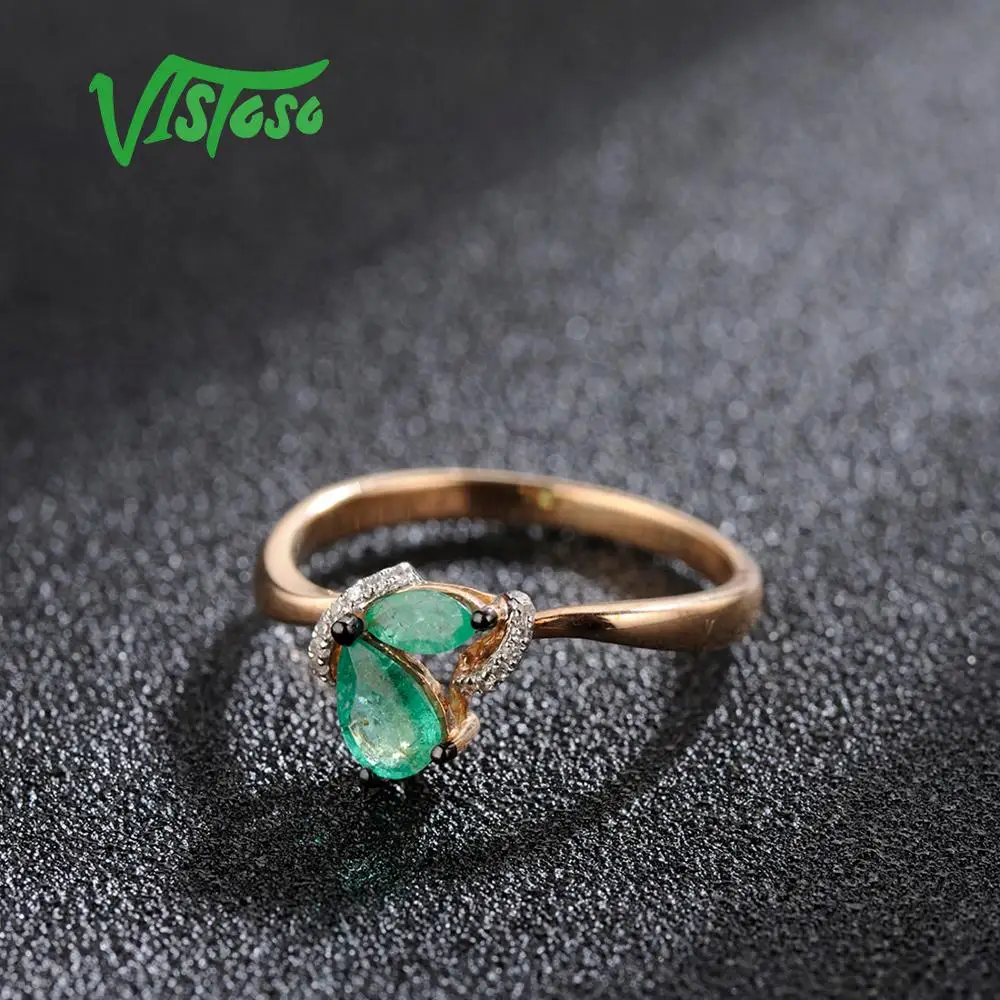 VISTOSO Gold Rings For Women Genuine 14K 585 Rose Gold Ring Magic Emerald Sparkling Diamond Engagement Anniversary Fine Jewelry