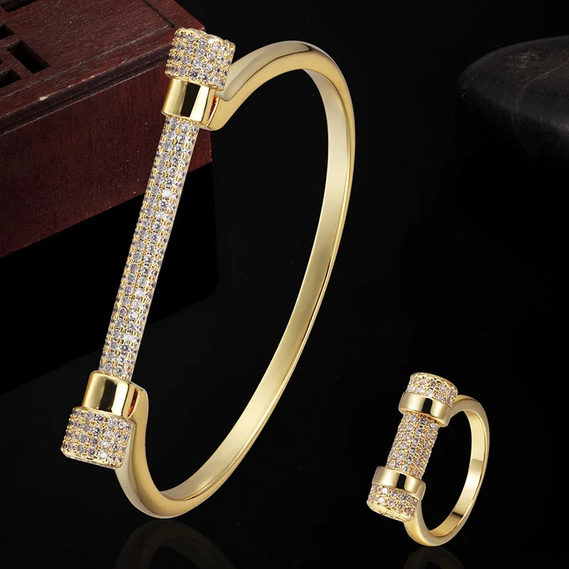 

Luxury Brand Free bags Women's cubic zircon wedding Bangle with Ring Set gold color Love Bangle Sets women's bridal jewelry sets