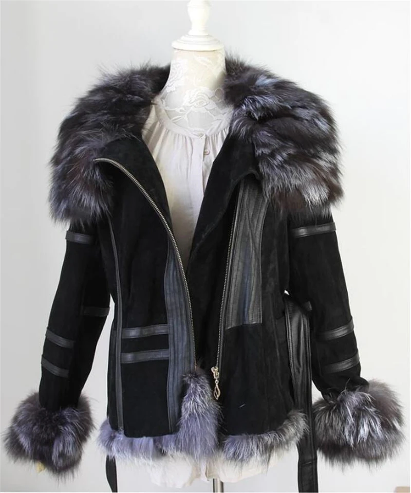 IANLAN Casual Winter Womens Real Fur Coats with Waistband Genuine Leather Jacket Silver Fox Fur Collar & Cuff Trimming IL00005