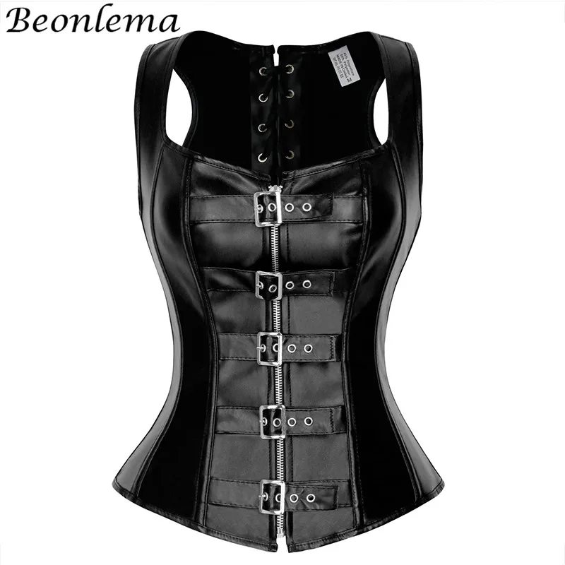 

Beonlema Steampunk Black 6xl Women Overbust Leather Corset Steam Punk Zipper Lacing Up Korse Vest Steel Bones Plus Size Clubwear