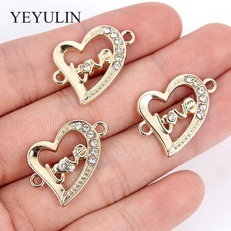 10 Pcs Golden Color Love Heart Shape Alloy  Crystal Connector Bracelet Charm For FIY Fashion Jewelry Making 2.1*2.3cm