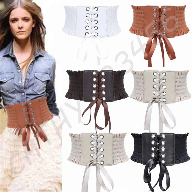 NEW Womens Lace Up Belt Eyelet Cotton Corset Belt High Waist Ladies Soft PU Wrap Around Tie Corset Cinch Waist Wide Dress Belt