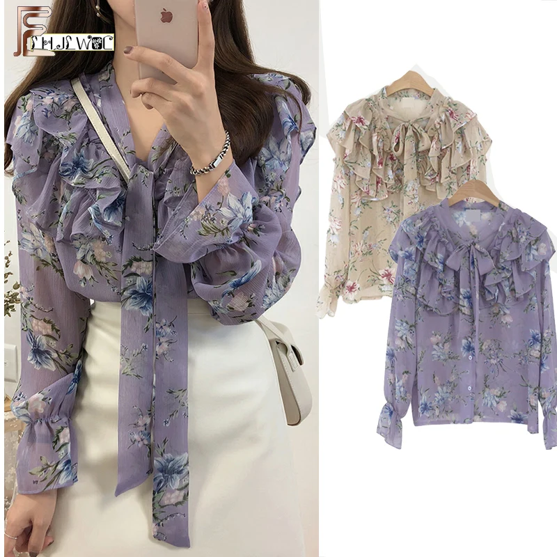 2021 Cute Sweet Bow Tie Tops Hot Sales Women Korean Style Bow Blouses Shirts Female Girls Purple Floral Vintage Top Blouse 2021