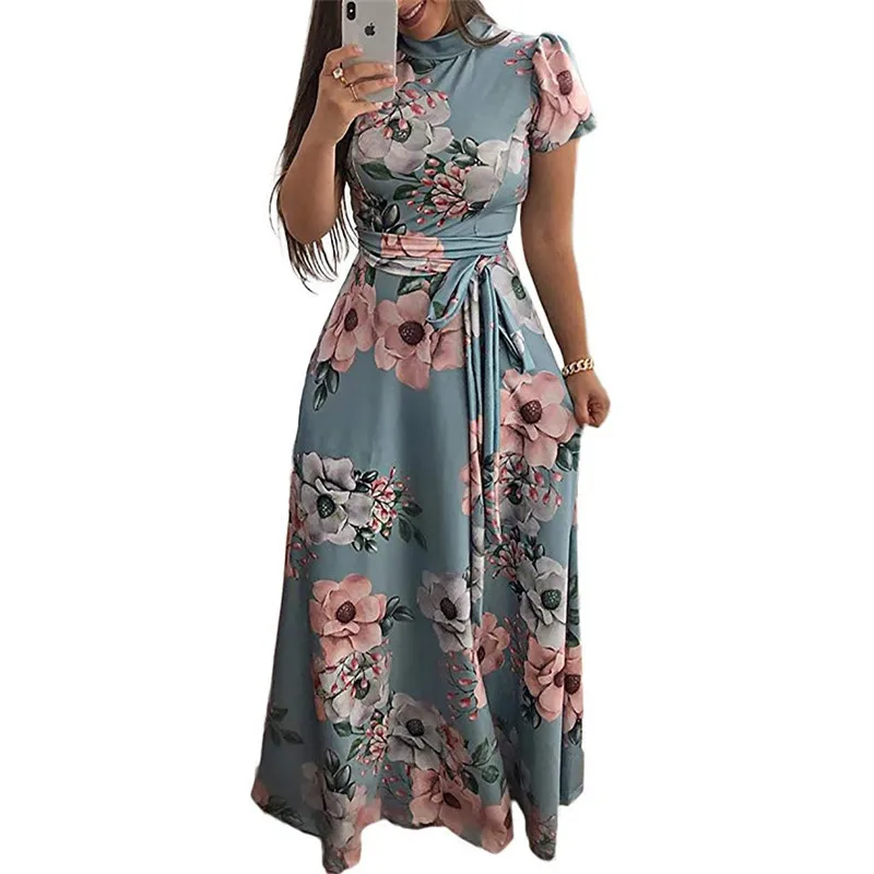 Frauen Sommer Kleid 2019 Casual Kurzarm Langes Kleid Boho Floral Print Maxi Kleid Rollkragen Bandage Elegante Kleider Vestido