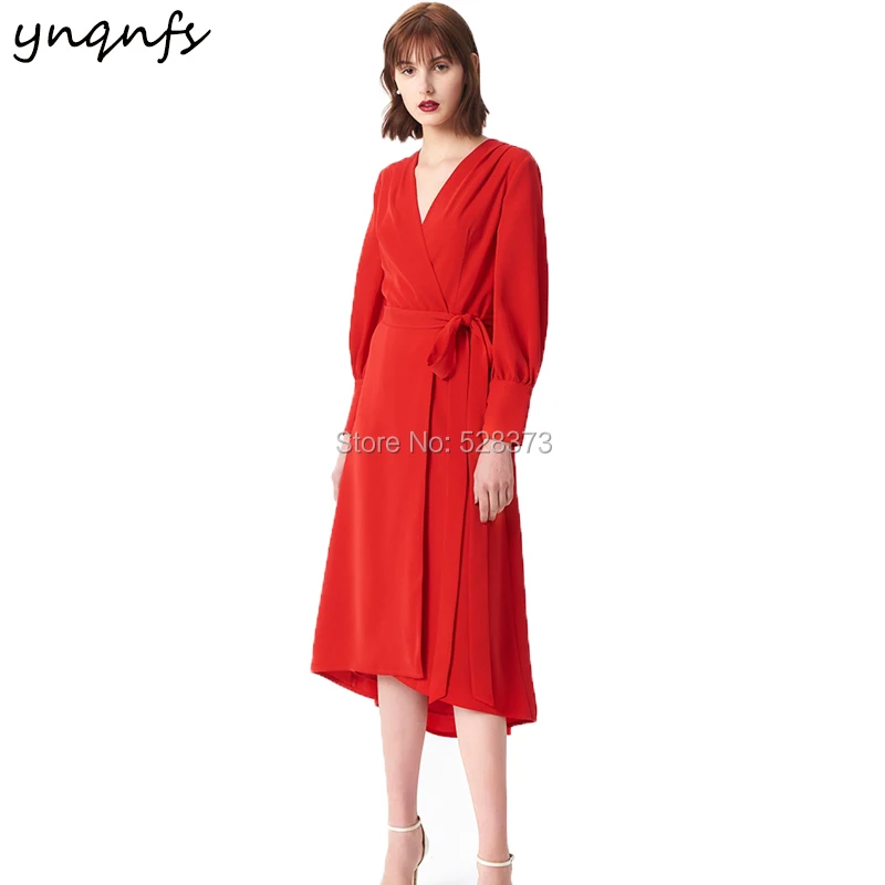 

YNQNFS M133 Italy Satin V Neck Long Sleeve Red Mother of the Bride Dresses robe cocktail Vestido Wedding Party Guest Dress 2019