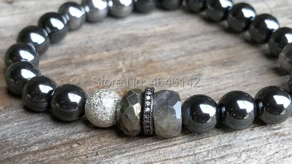 Boho Chic Hematite Beads Stretch Bracelet Pave CZ Silver Plated Round Beaded labradorite Stack Bracelet