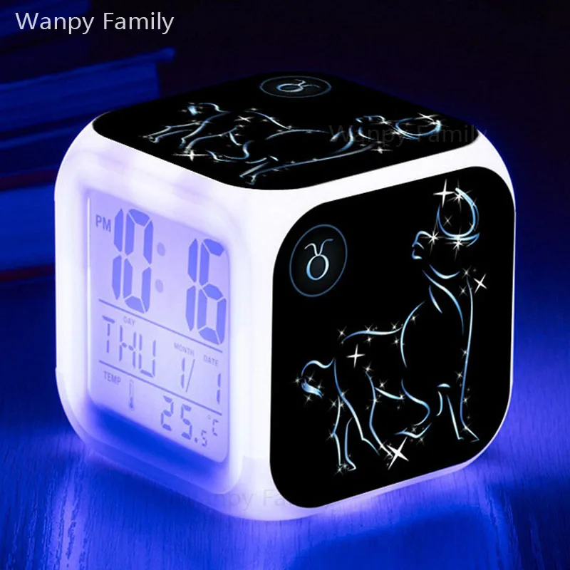 Twelve Constellations Taurus Alarm Clock 7 Color LED Glowing Digital Clock For Kids room Multifunction Electronic Alarm Clock