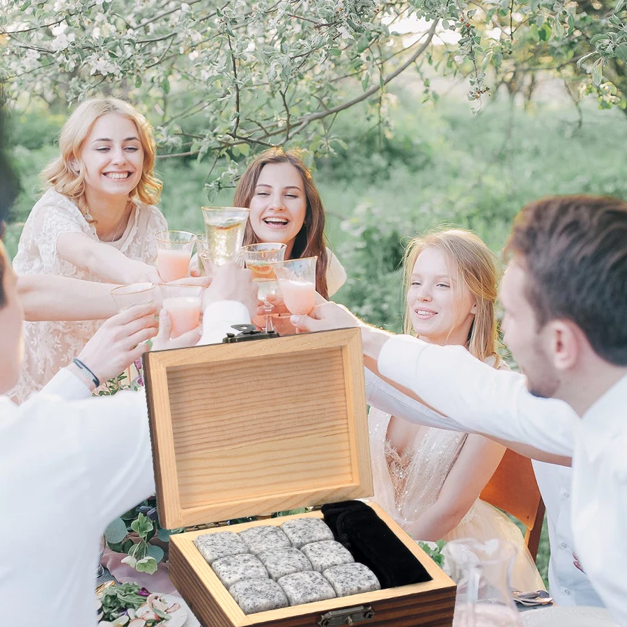 Whiskey Stones Set - 9 Granite Whiskey Rocks / Wooden Box / Velvet Bag / Reusable Cooling Ice Cubes