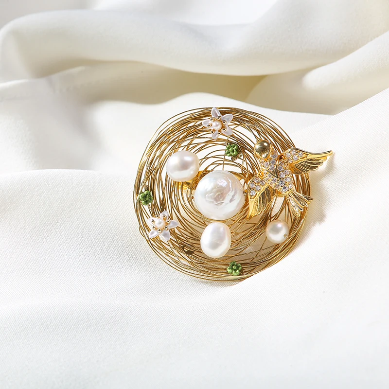 Vanssey Fashion Jewelry Handmade Flower Bird Nest Egg Natural Baroque Pearl Brooch Pins Wedding Accessories for Women 2019 New