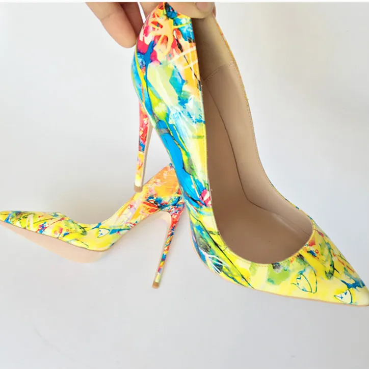 New Sexy Women Pumps Yellow Printed Pointed Toe Thin Heels Pumps Party Shoes Woman Plus Size 34-45