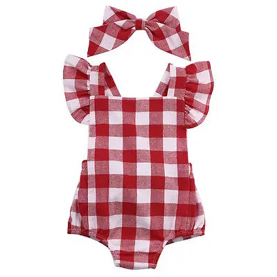 Fashion Toddler Baby Girl Romper Jumpsuit+Bowknot White&Red Plaid 100cmCotton Sunsuit Outfits Summer Clothes Infant Kids 0-18M