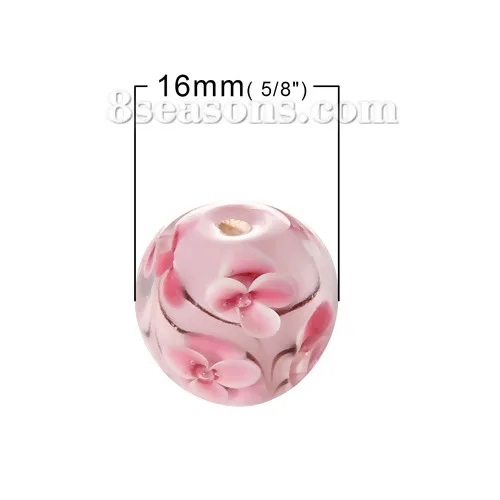 (Handmade)Lampwork Glass Loose Beads Round Pink Flower Transparent About 16mm Dia,Hole about:2.3mm-2.7mm,1 PC