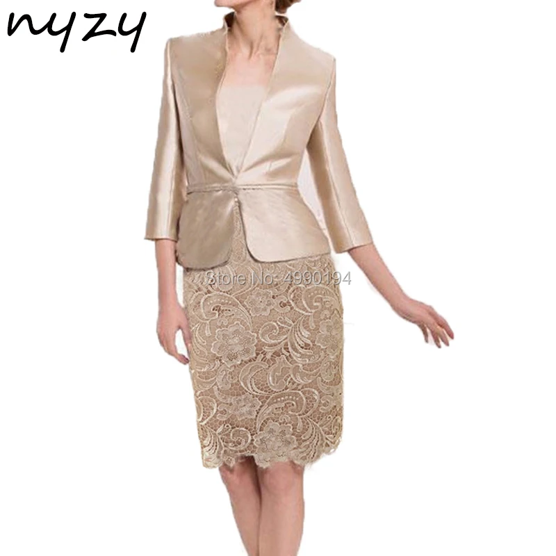 

NYZY M50 2019 Mother Of The Bride Dresses with Jacket Champagne Sheath Lace 2 Piece Mother Outfits For Wedding Party Guest Wear