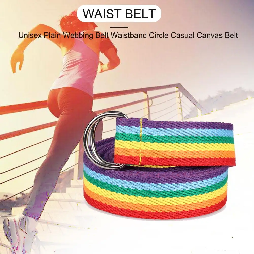 Women's Double Ring D-Type Buckle Rainbow Strip Webbing Casual Long Decorative Waist Belt Waistband Canvas Belt