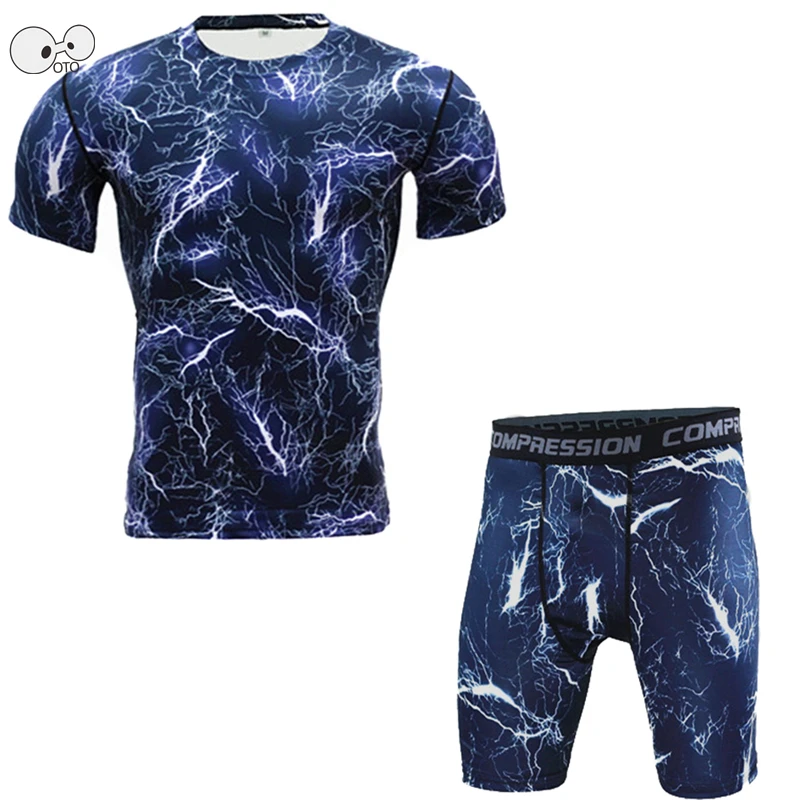 

2020 Fitness Men Camouflage Compression Running Sets Short Sleeve T Shirt+Shorts 2Pcs Sports Suit Quick Dry Bodybuilding Clothes