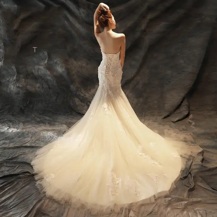 VENSANAC Elegant Strapless Lace Appliques Mermaid Wedding Dresses Off The Shoulder Court Train Backless Bridal Gowns