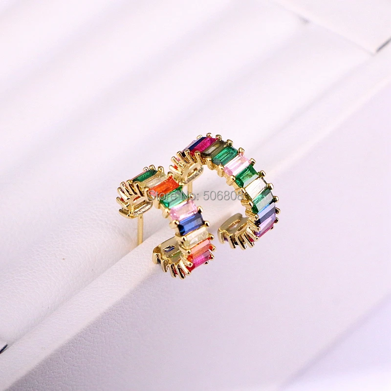 

6 Pairs, Gold filled rainbow CZ round circle stud earring, colorful cz stud